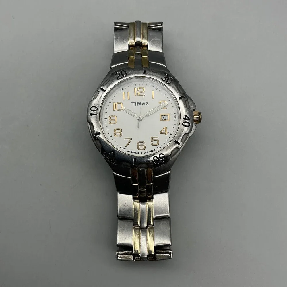 Timex Indiglo Mens Watch 39mm White Dial Two Tone Date New Battery 7.25